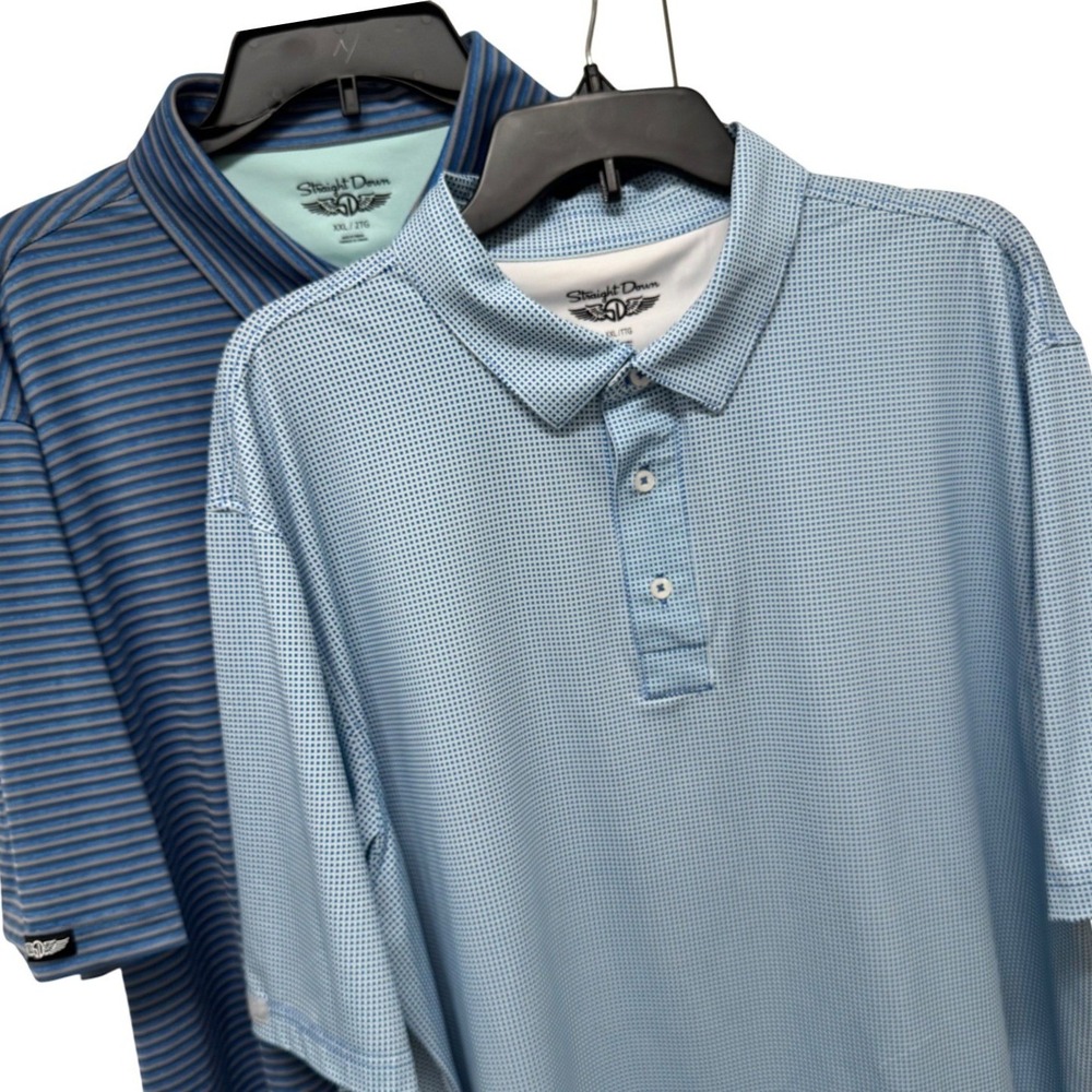 Lot of 2 Straight Down Golf Polo‎ Shirts Men XXL Blue Striped Micro Check Bundle